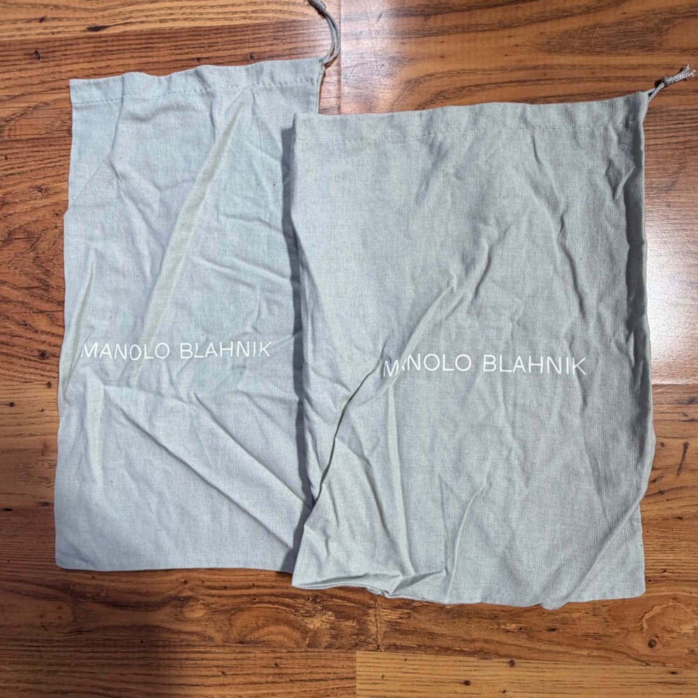 Manolo Blahnik Set of 2 Grey Woven Shoe Dust Bags Drawstring Logo Pouches